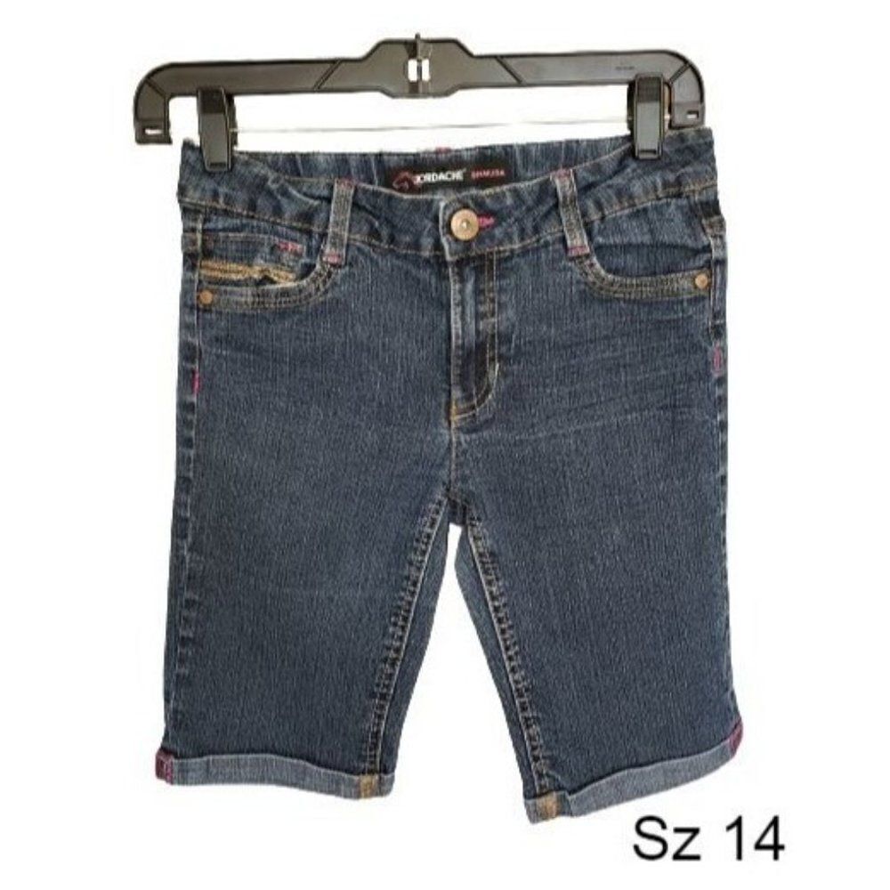 Girls Denim Bermuda Shorts Jean Cuffed Adjustable Long Shorts Size 14 NWOT